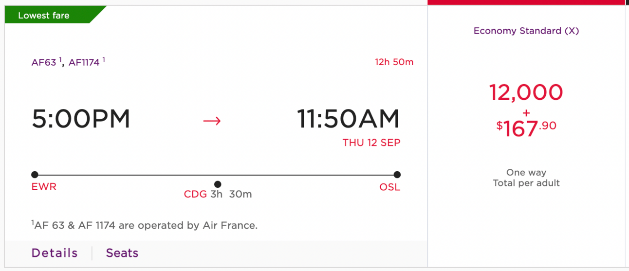 Sample partner award with Virgin (Air France from EWR-OSL)