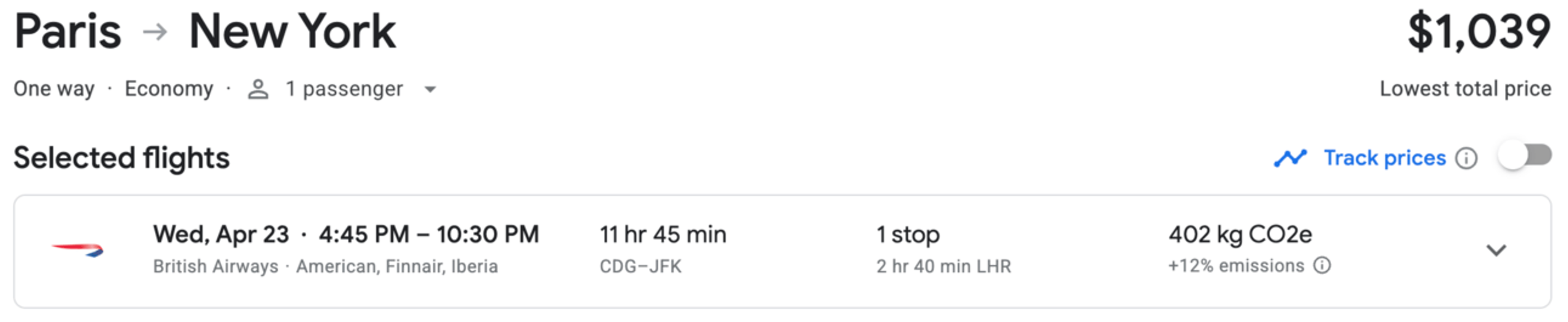 Paris to New York for $1,039 one way