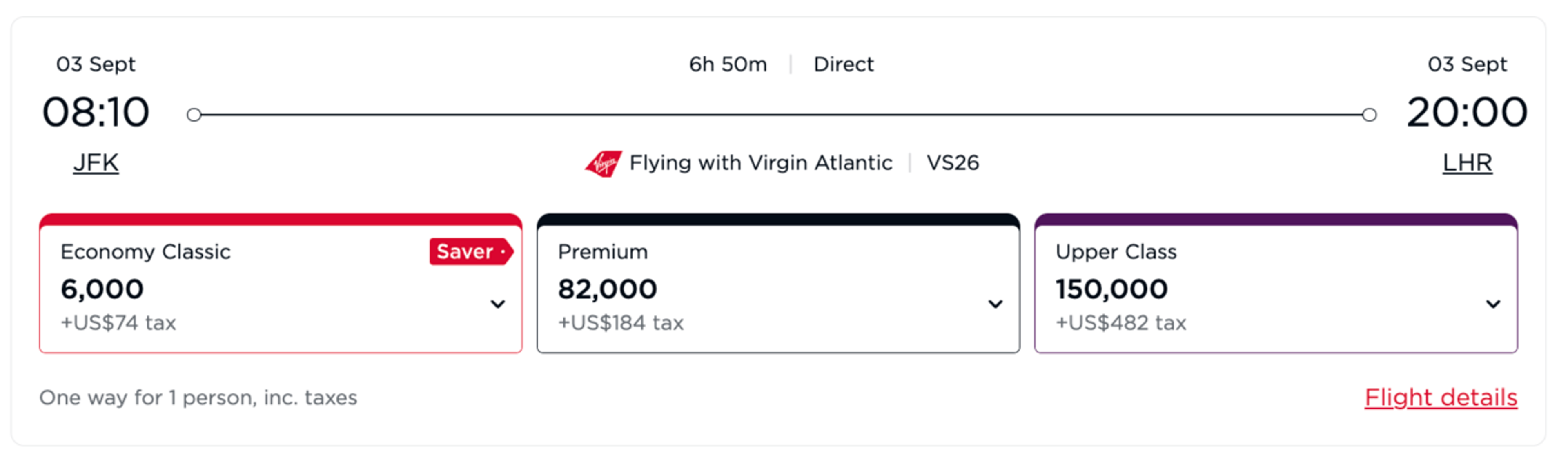 New York to London for 6,000 Virgin Atlantic miles