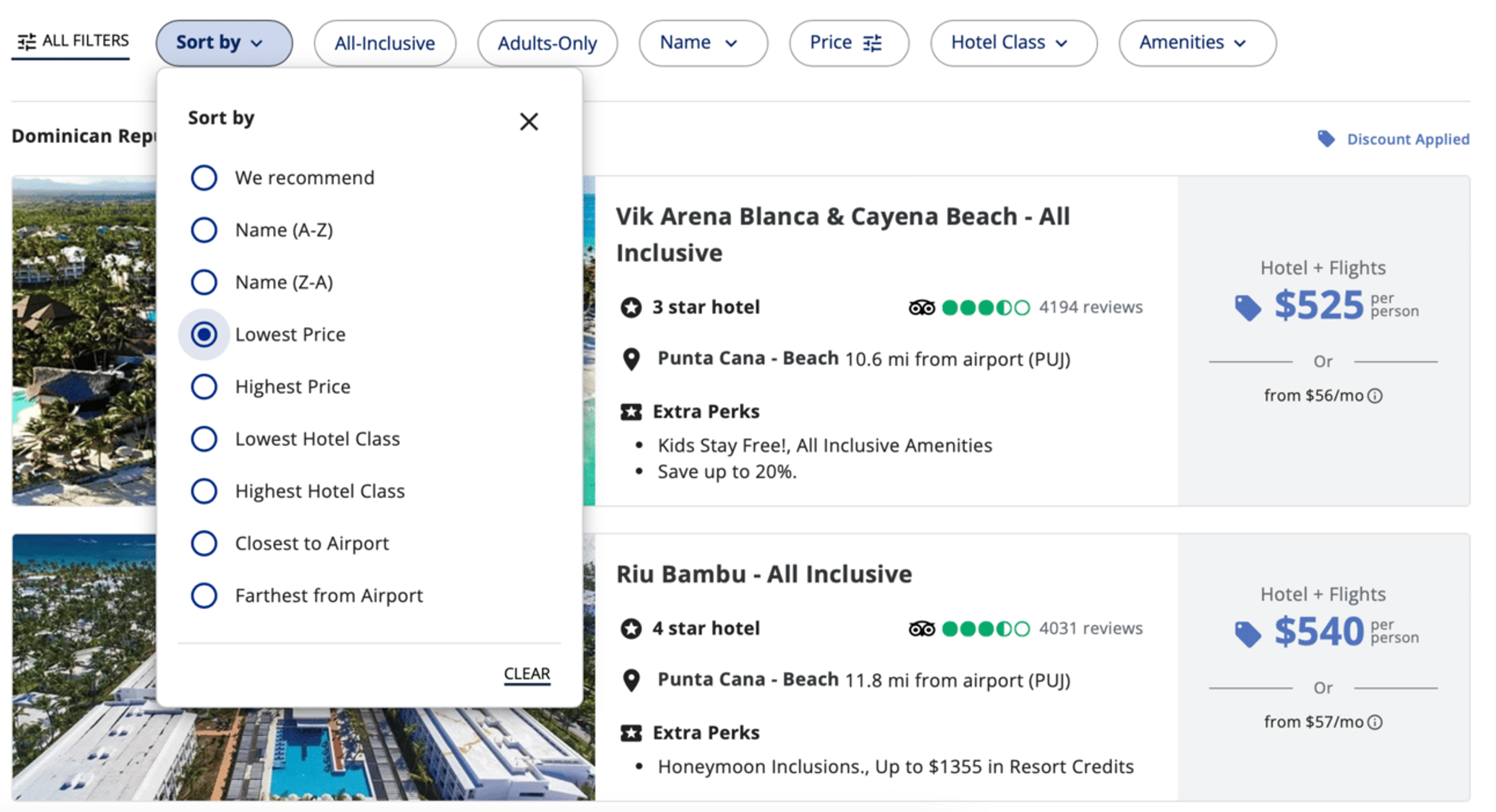 Example booking from Chicago to the Dominican Republic