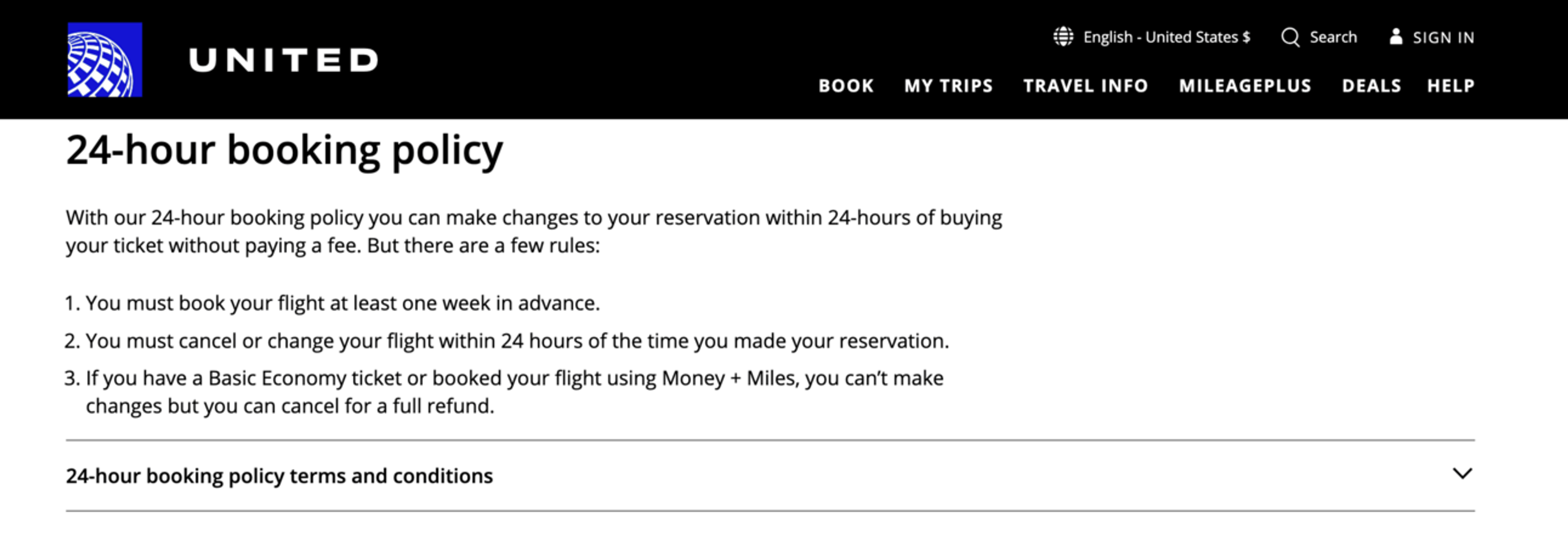 Screenshot of United 24-hour booking policy