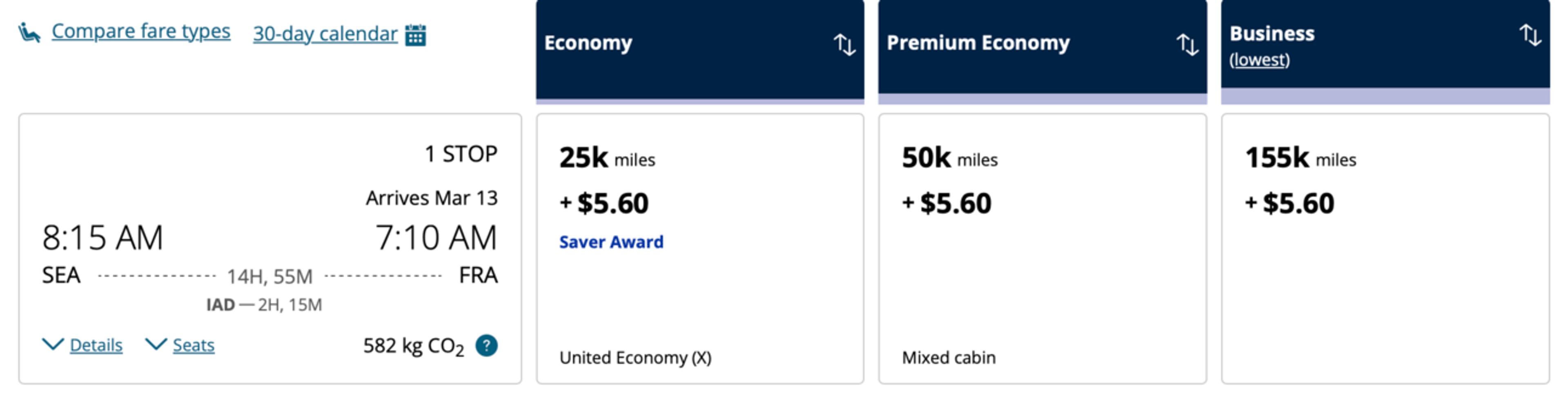 Screenshot showing an example booking from Seattle to Frankfurt