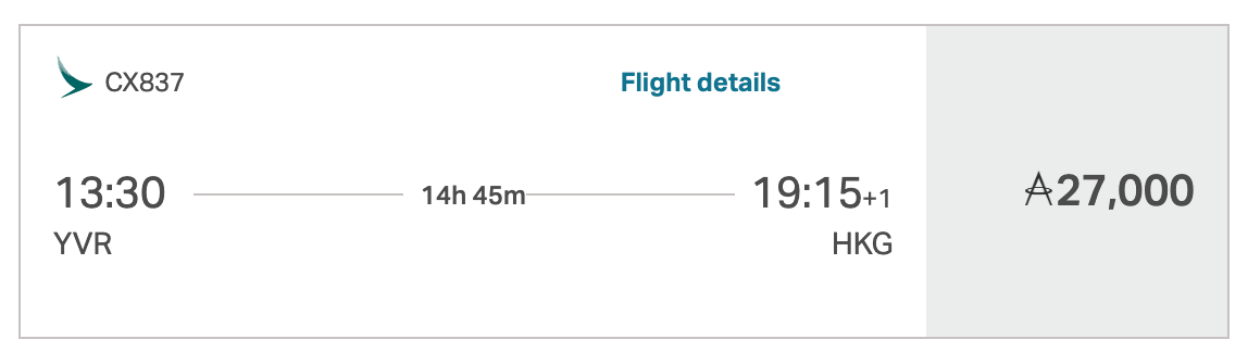 Example of a Cathay Pacific flight from Vancouver to Hong Kong for 27,000 miles
