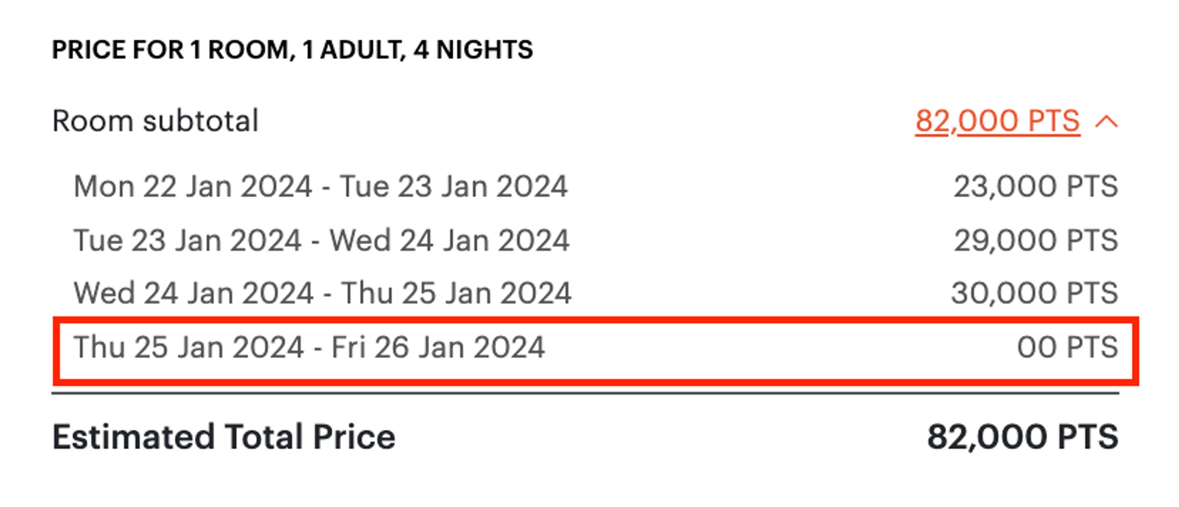 Screenshot showing an example of getting every fourth night free wit IHG