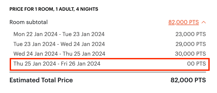 Screenshot showing an example of getting every fourth night free wit IHG