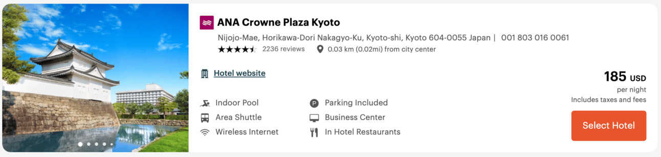 Crowne Plaza Kyoto for $185 per night