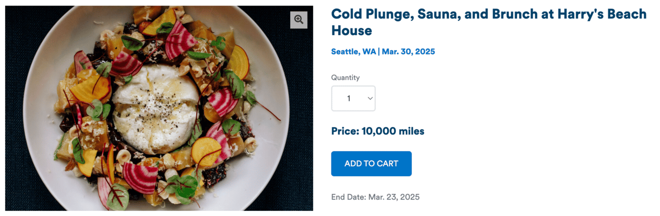 Example of a sauna/brunch experience bookable for 10,000 Alaska miles