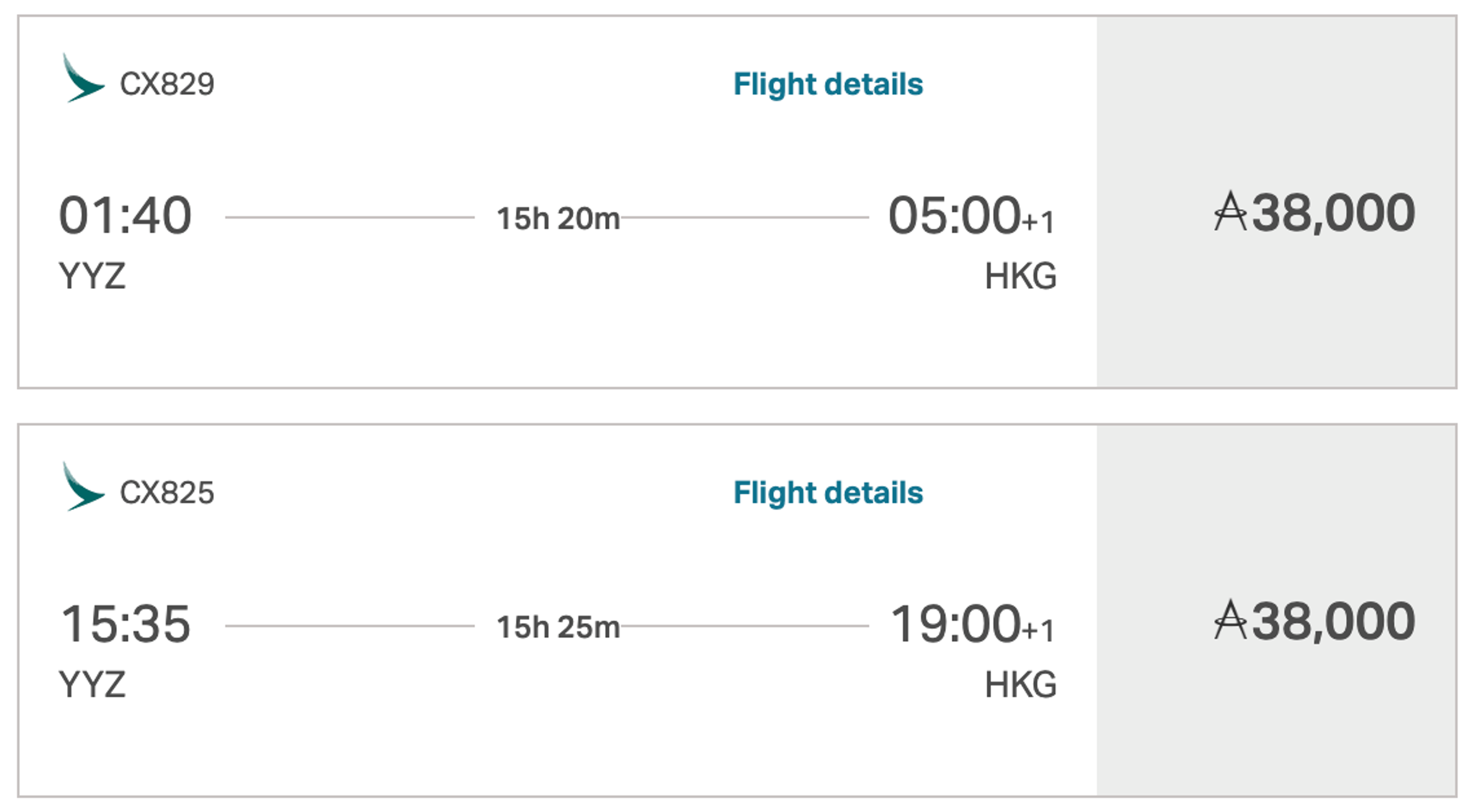 Toronto to Hong Kong for 38,000 Asia Miles