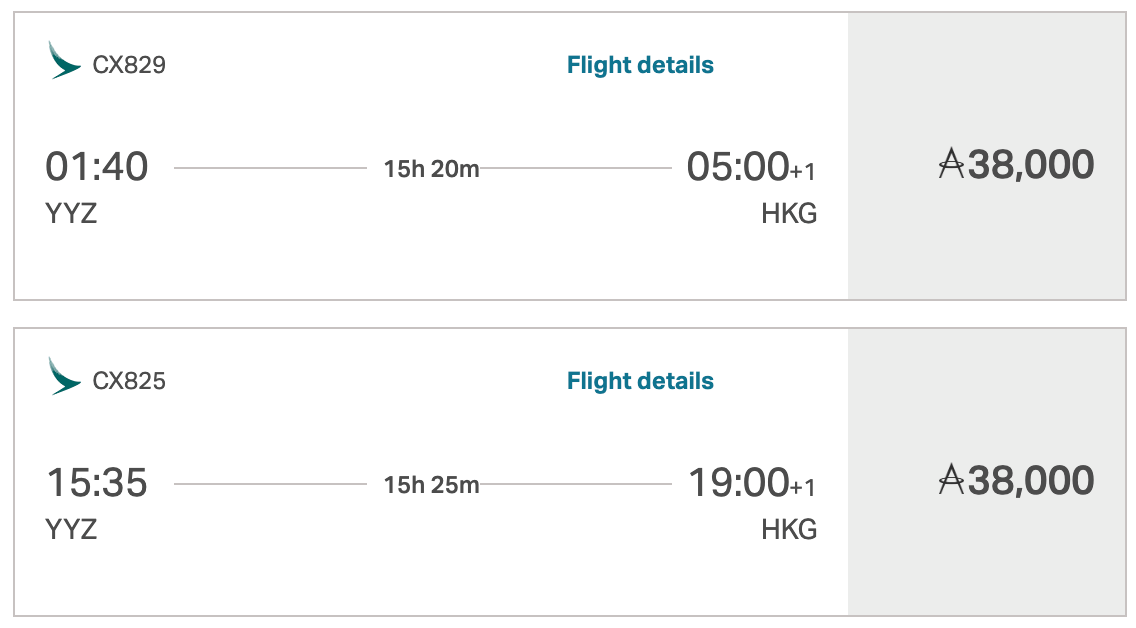 Toronto to Hong Kong for 38,000 Asia Miles