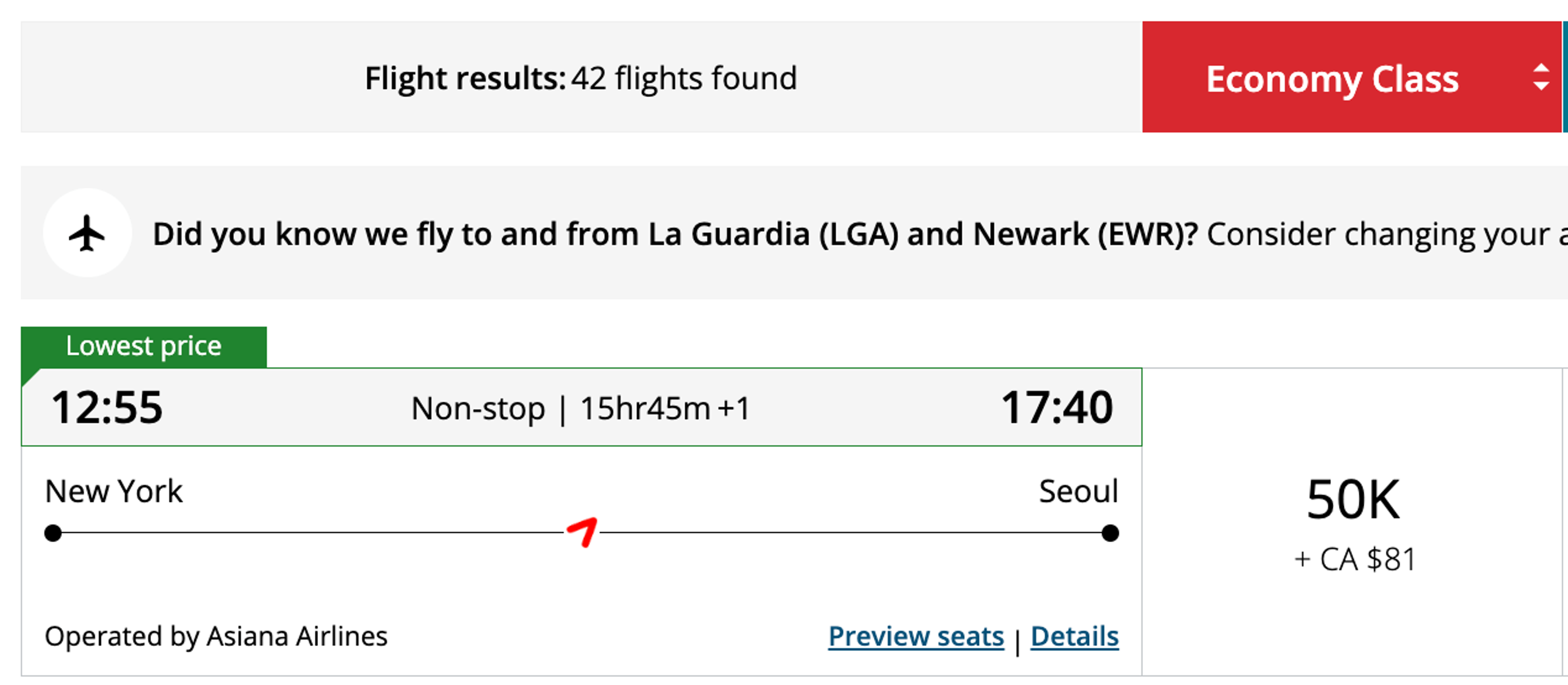 New York to Seoul for 50,000 Aeroplan points in economy