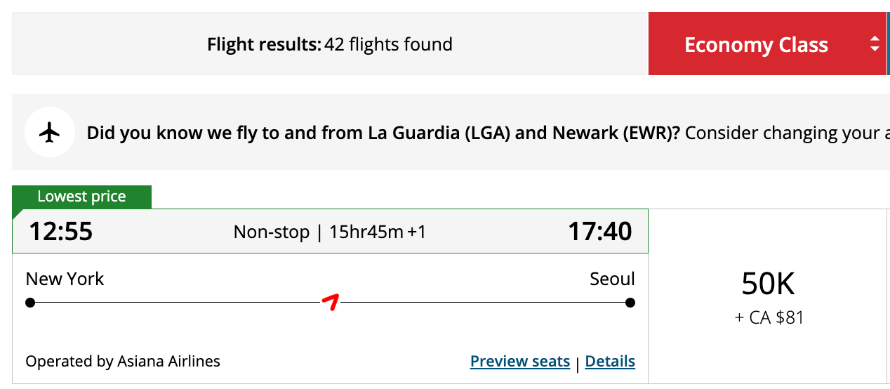 New York to Seoul for 50,000 Aeroplan points in economy