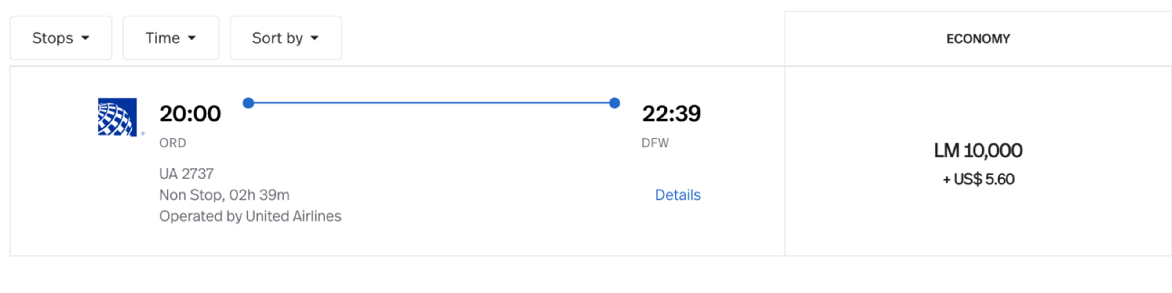 An example of A united flight that costs 10,000 LifeMiles