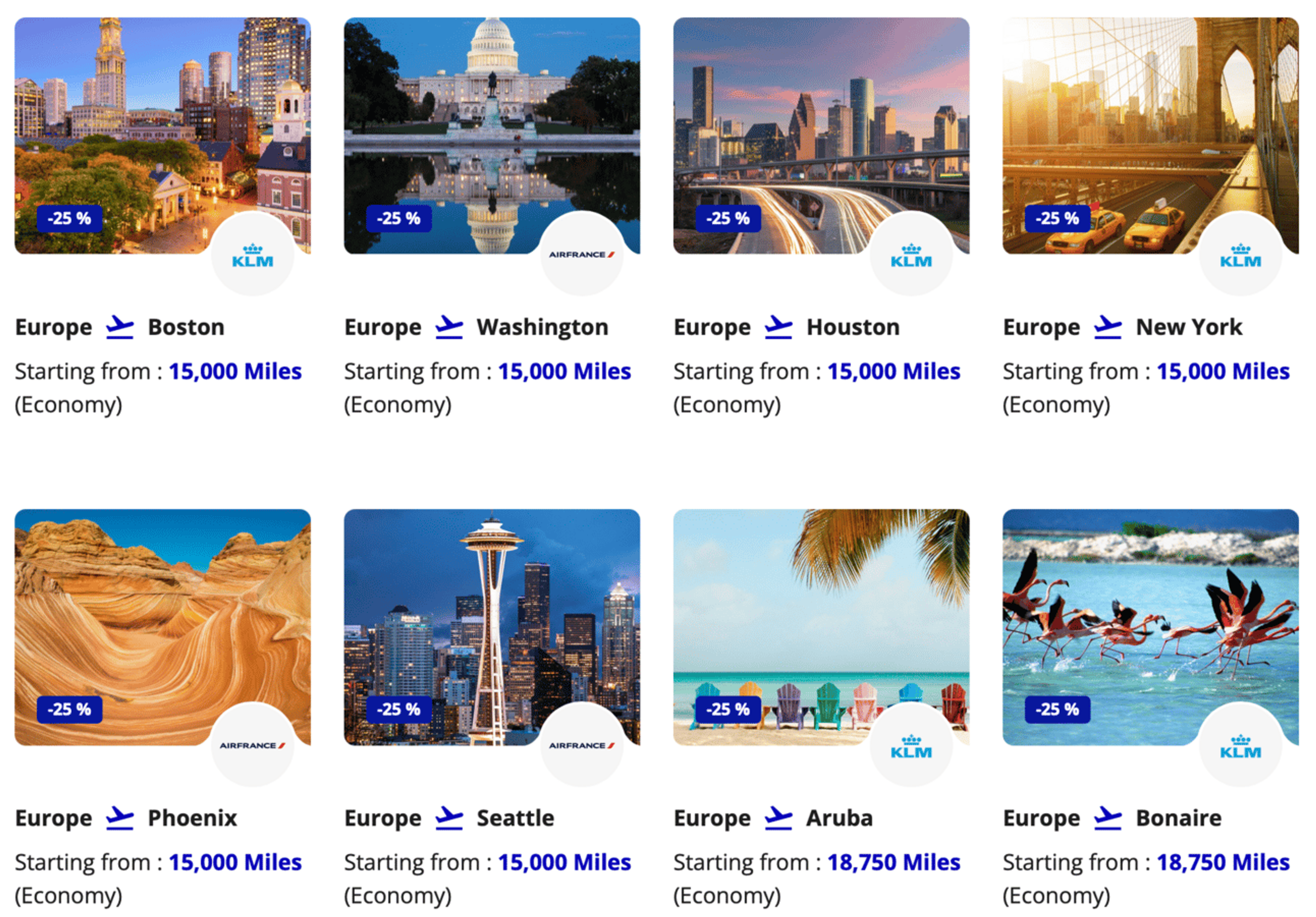 Screenshot showing some destinations of Flying Blue's current promo