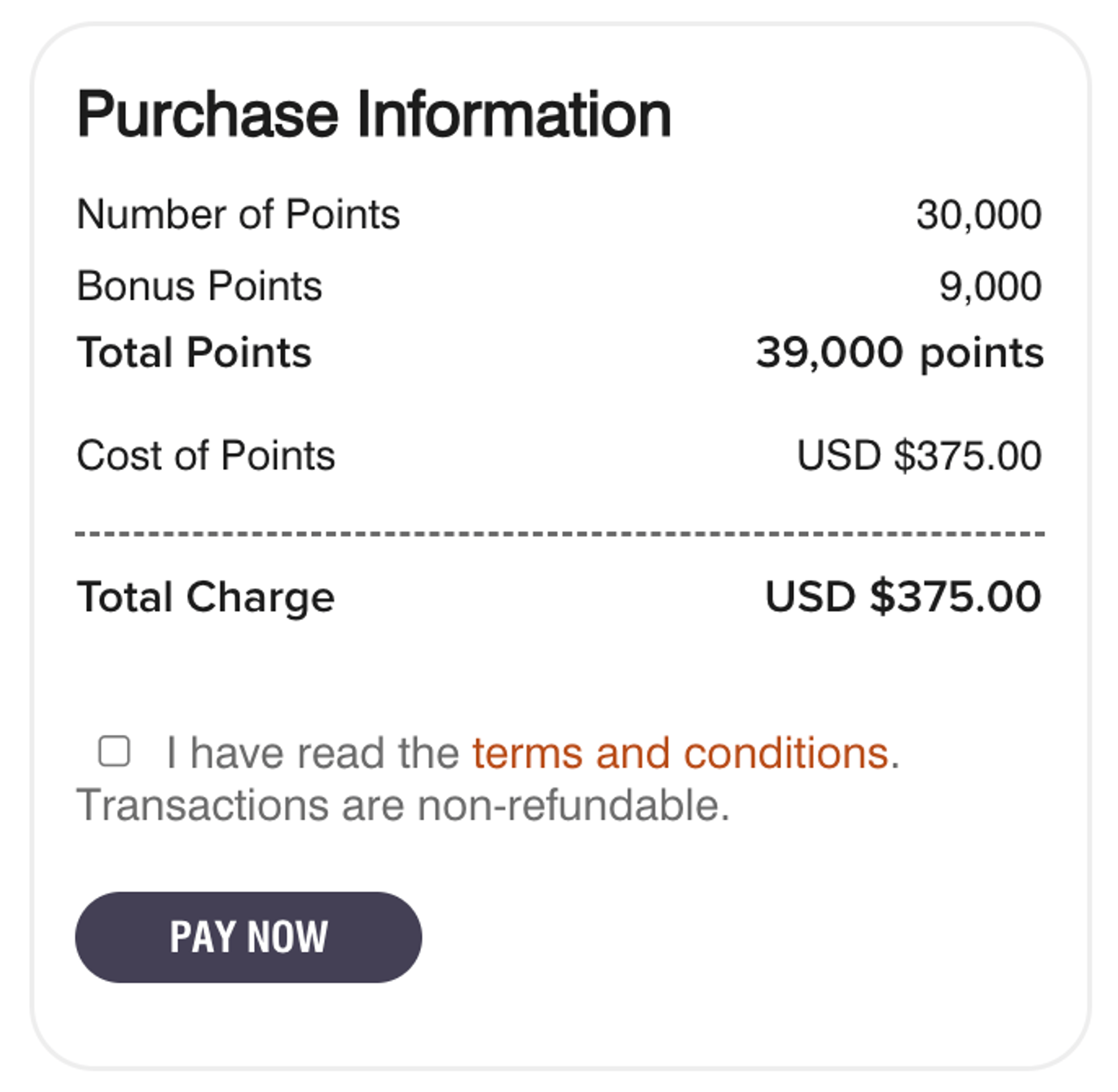 Example of buying 39,000 points for $375