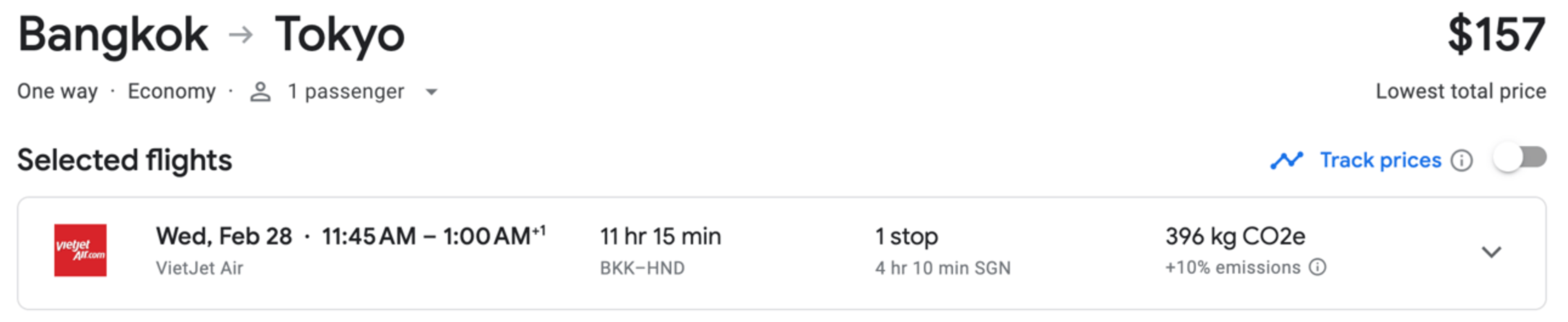 A screenshot from Google flights showing a positioning flight from Bangkok to Tokyo