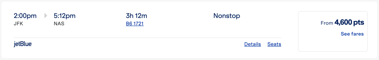 New York to Nassau for 4,600 JetBlue points