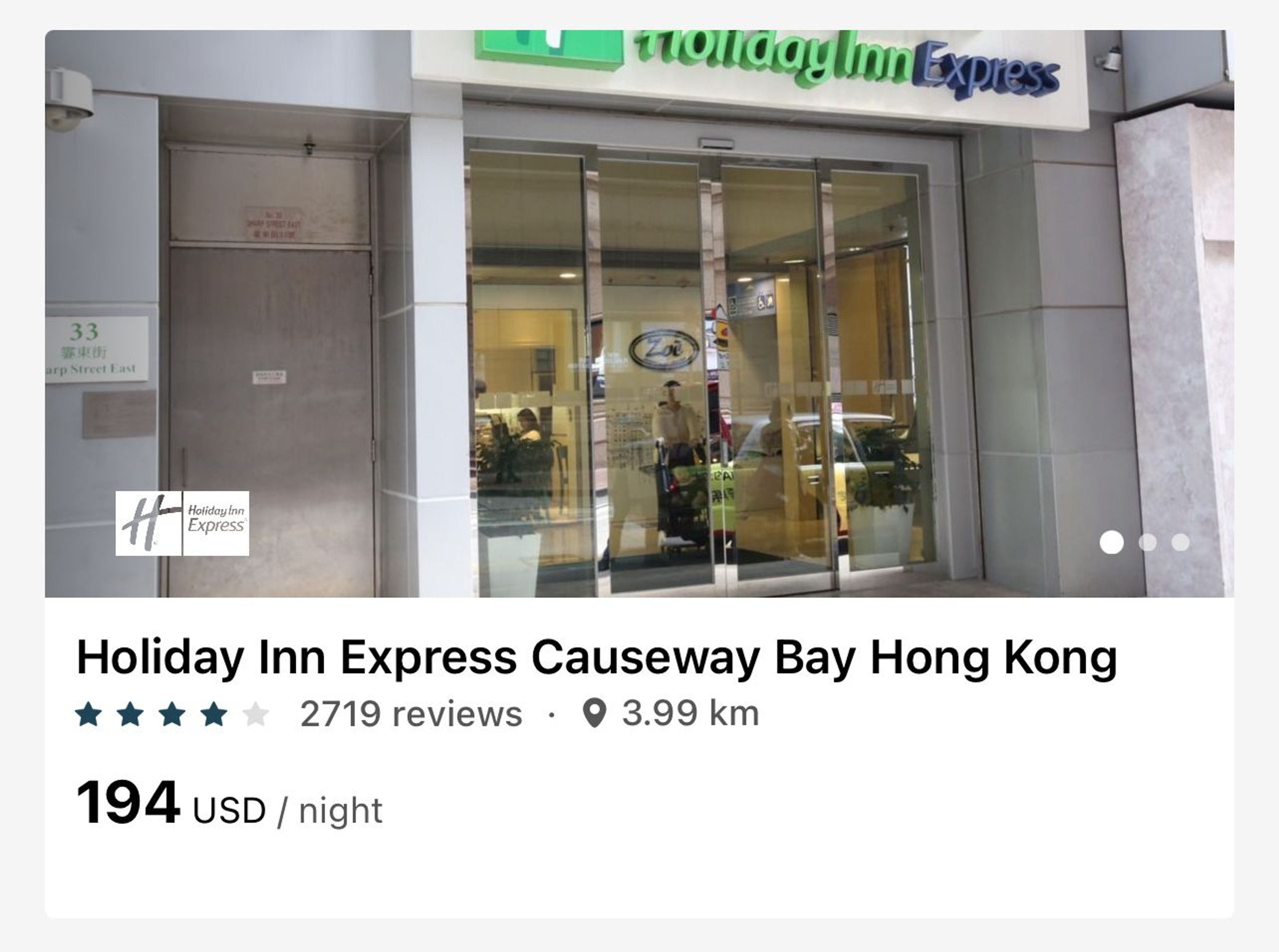 A screenshot of a search in Hong Kong showing a Holiday Inn for $194 per night