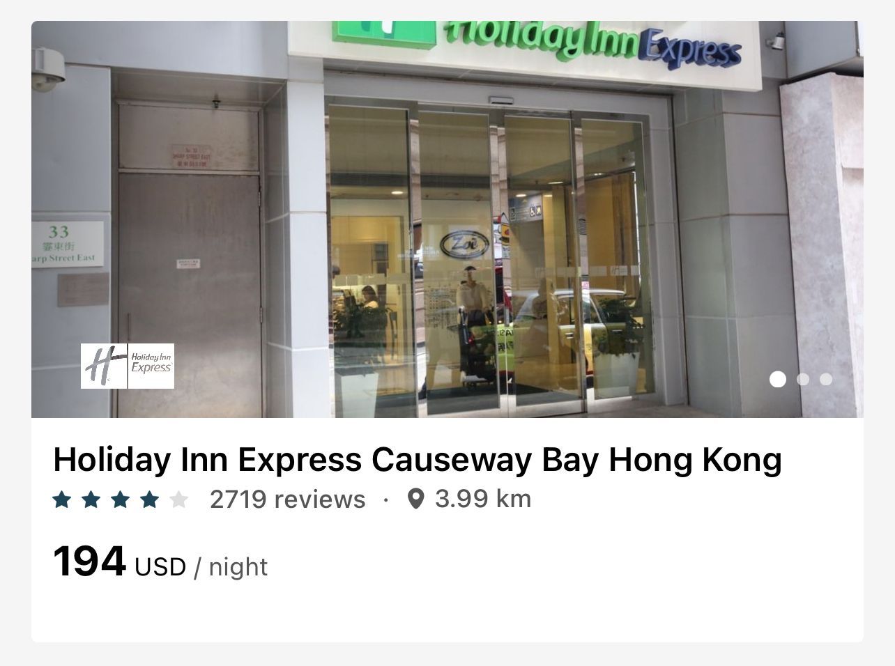 A screenshot of a search in Hong Kong showing a Holiday Inn for $194 per night