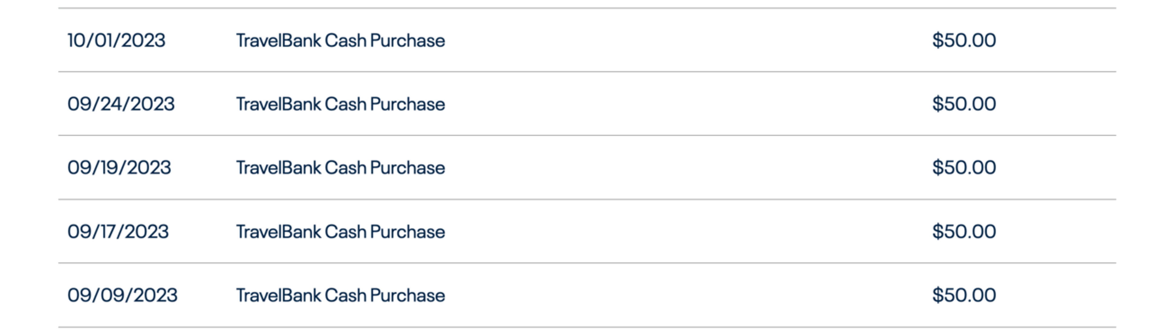 My account history with United showing various $50 Travel Bank purchases
