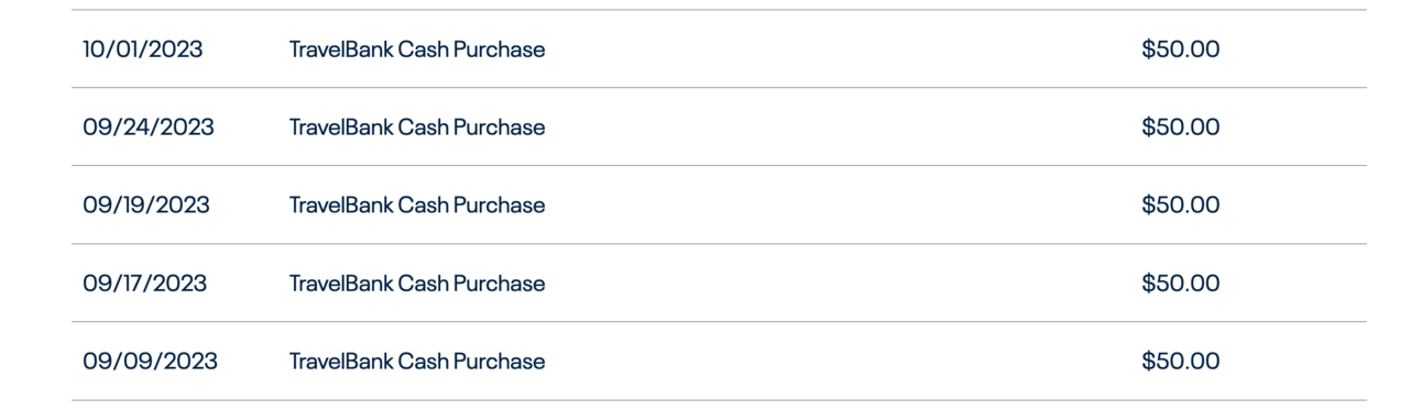 My account history with United showing various $50 Travel Bank purchases