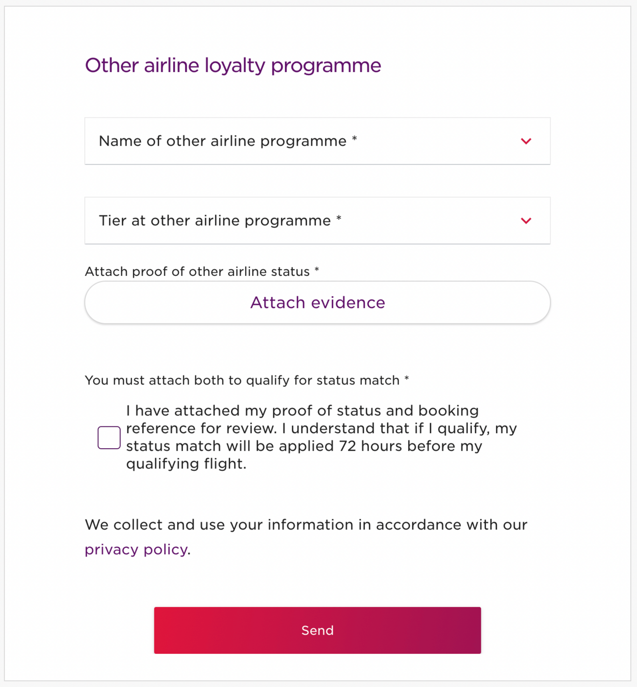 Screensht of Vrgin's online status match form