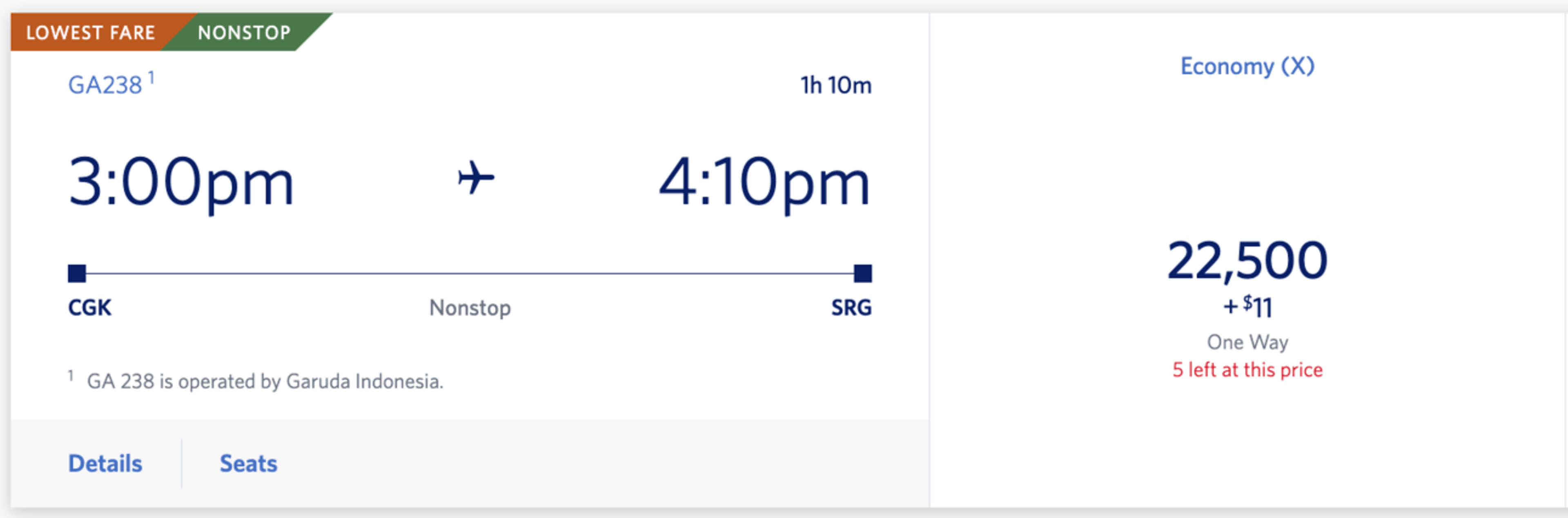Delta from CGK to SRG for 22.5k miles