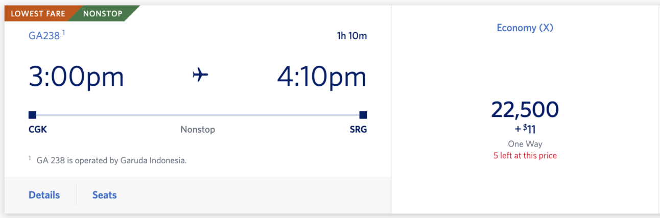 Delta from CGK to SRG for 22.5k miles