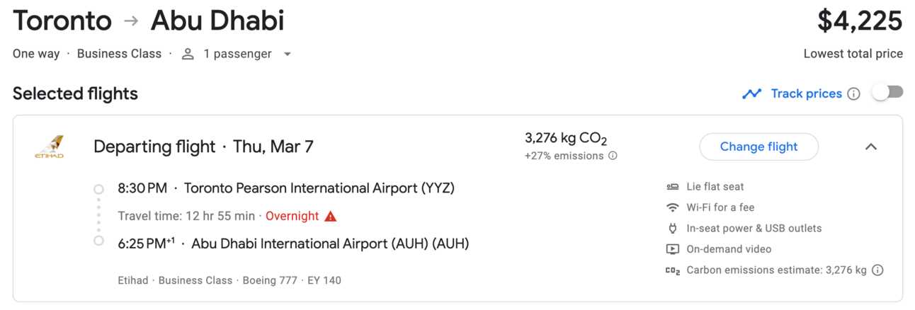 A screenshot from Google Flights of an Etihad business-class flight