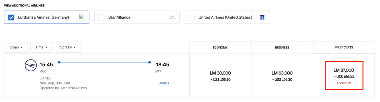LifeMiles first-class booking for 87,000 miles