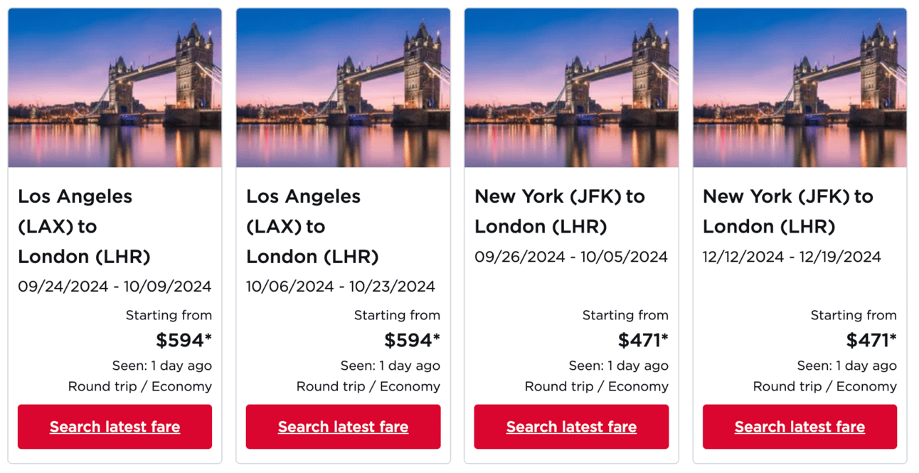 Example of cash flights from the U.S. to London