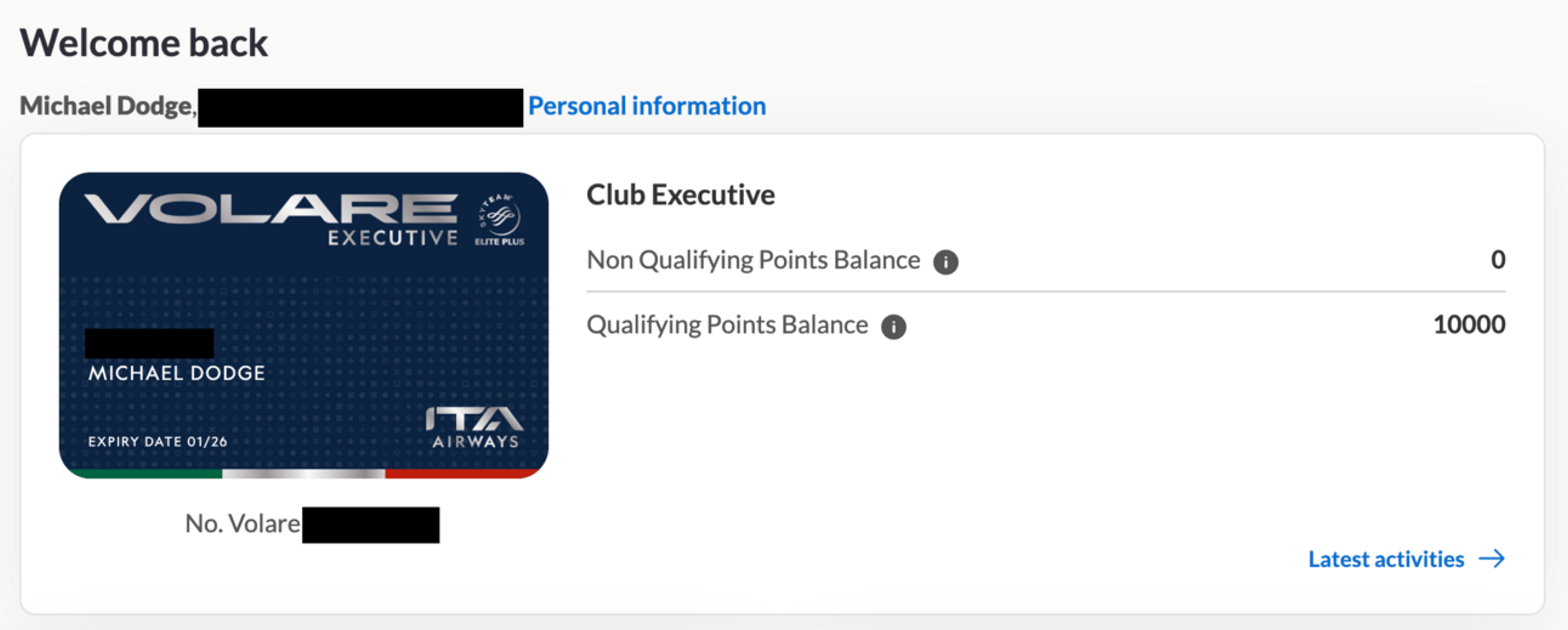 Screenshot of my ITA volare status