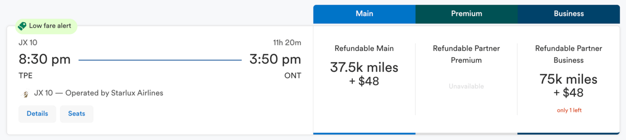 Starlux business class for 75,000 miles