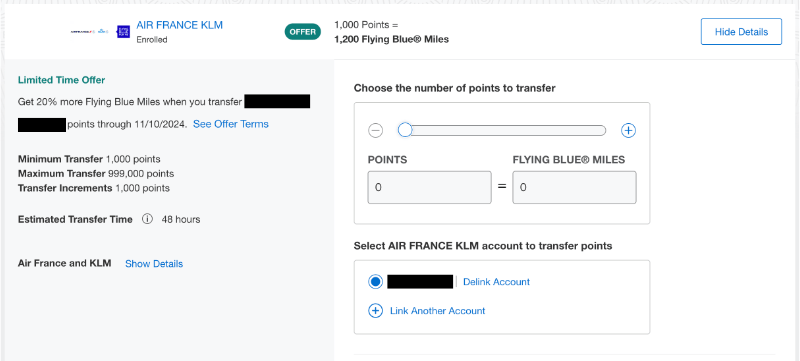 A screenshot from my Amex account showing a 20% transfer bonus