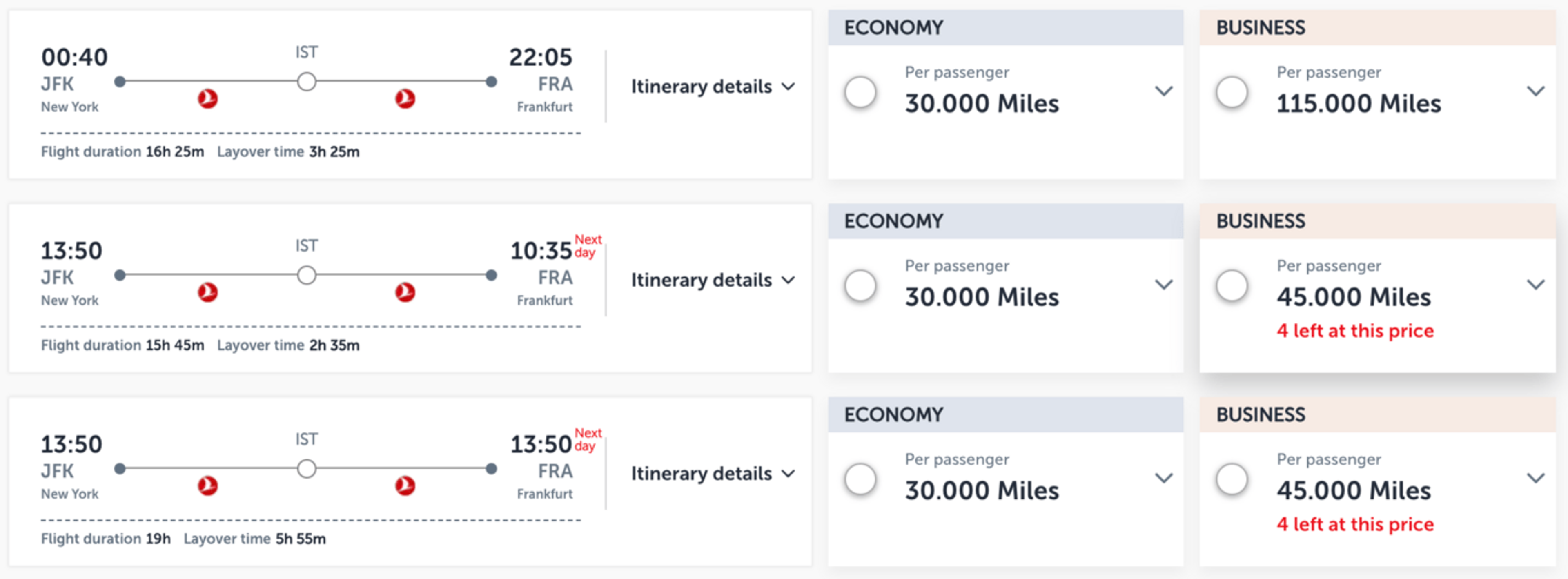 An example of bookng Turkish Airlines from New York to Europe for 45,000 miles