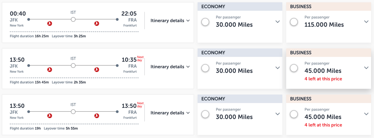 An example of bookng Turkish Airlines from New York to Europe for 45,000 miles