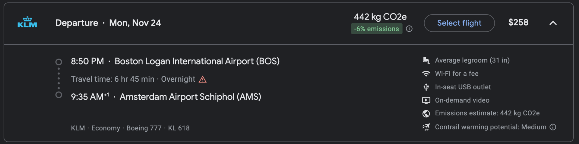 Boston to Amsterdam for $258
