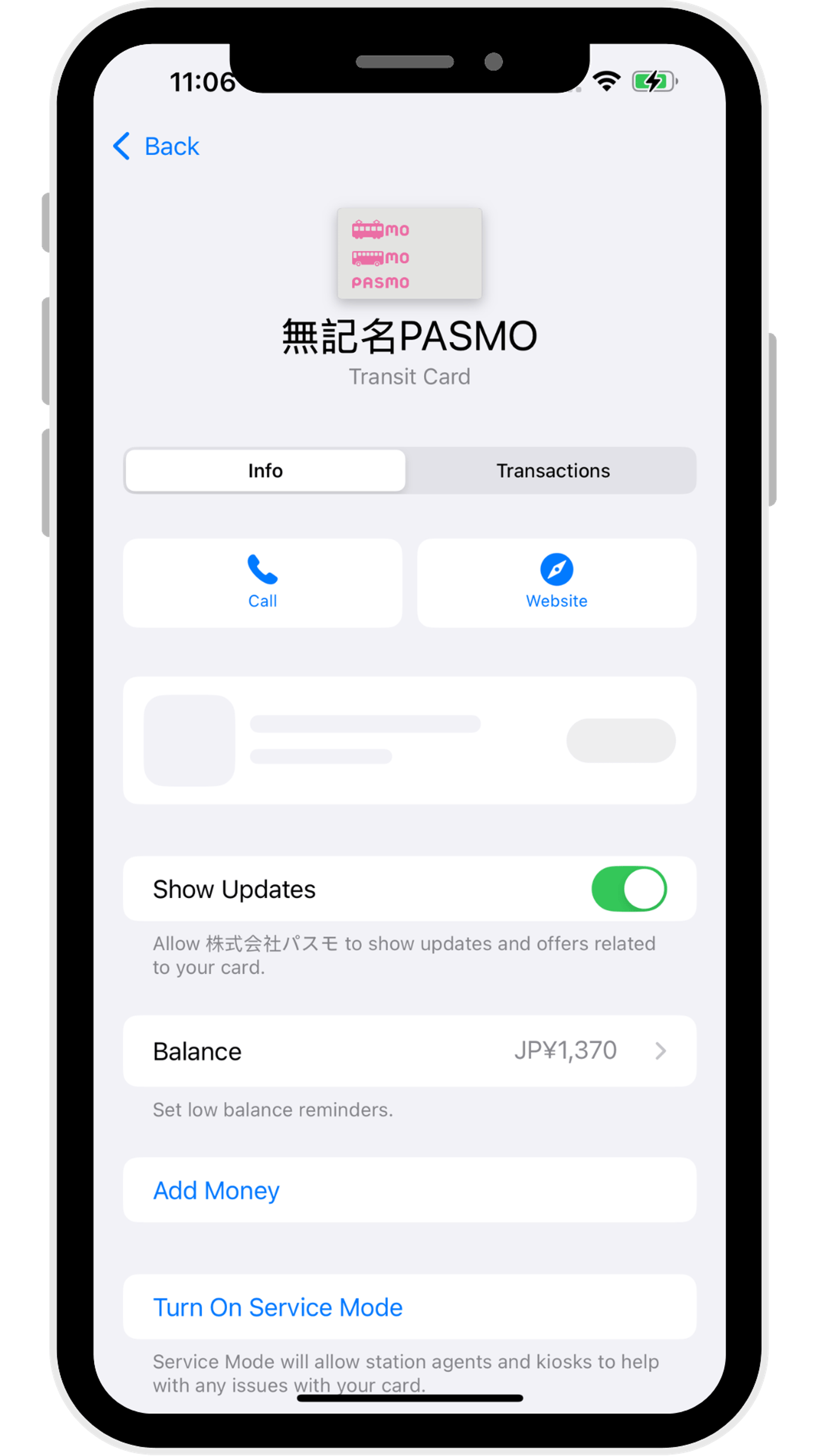 A screenshot of my Japan transit card in my iPhone settings