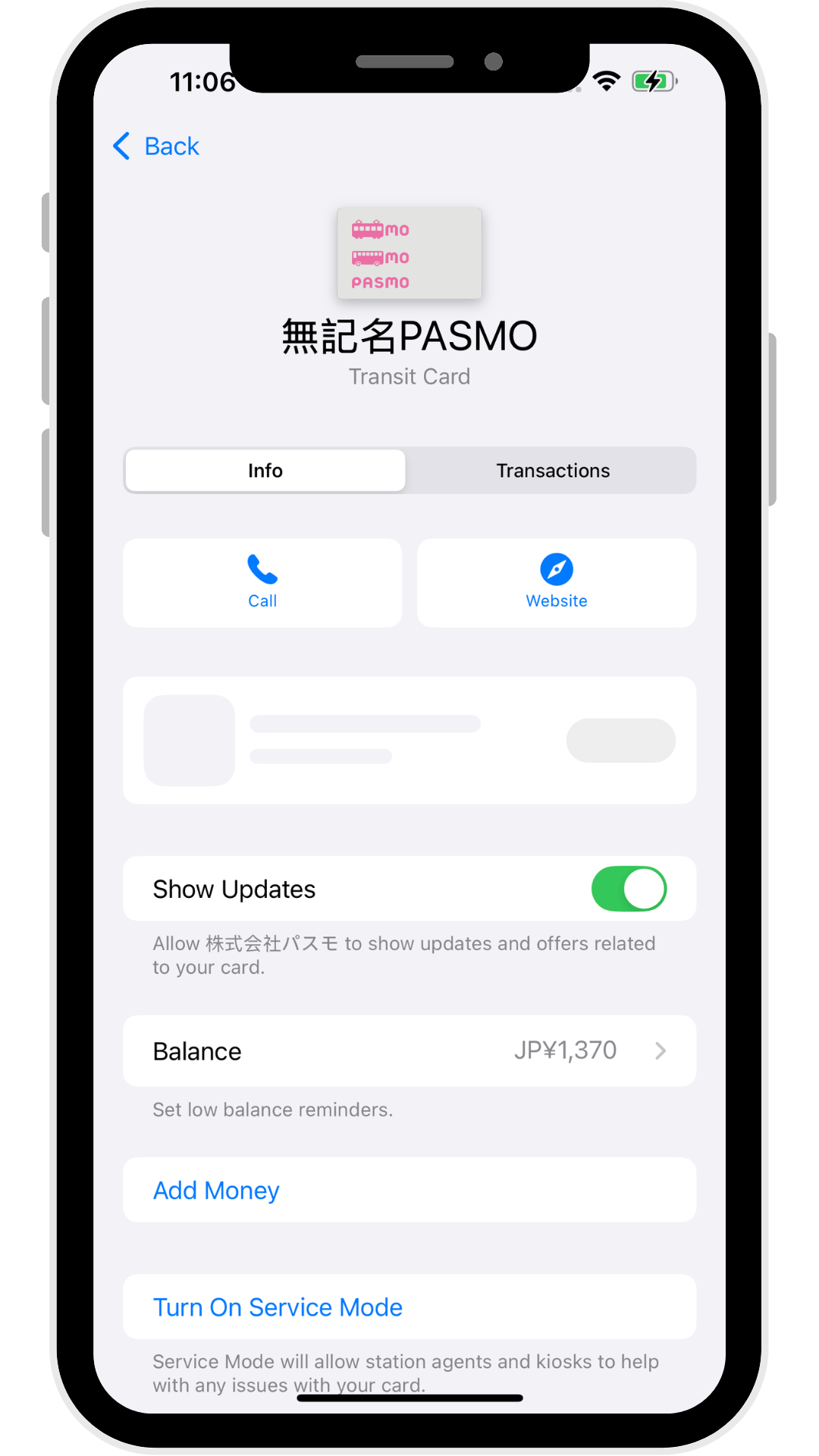 A screenshot of my Japan transit card in my iPhone settings