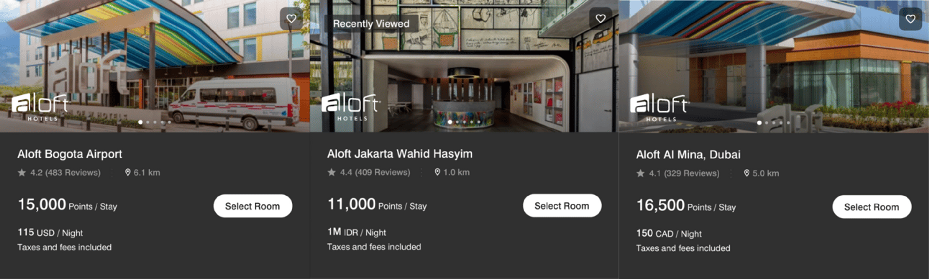 Examples of three different Marriott properties under 17,000 points