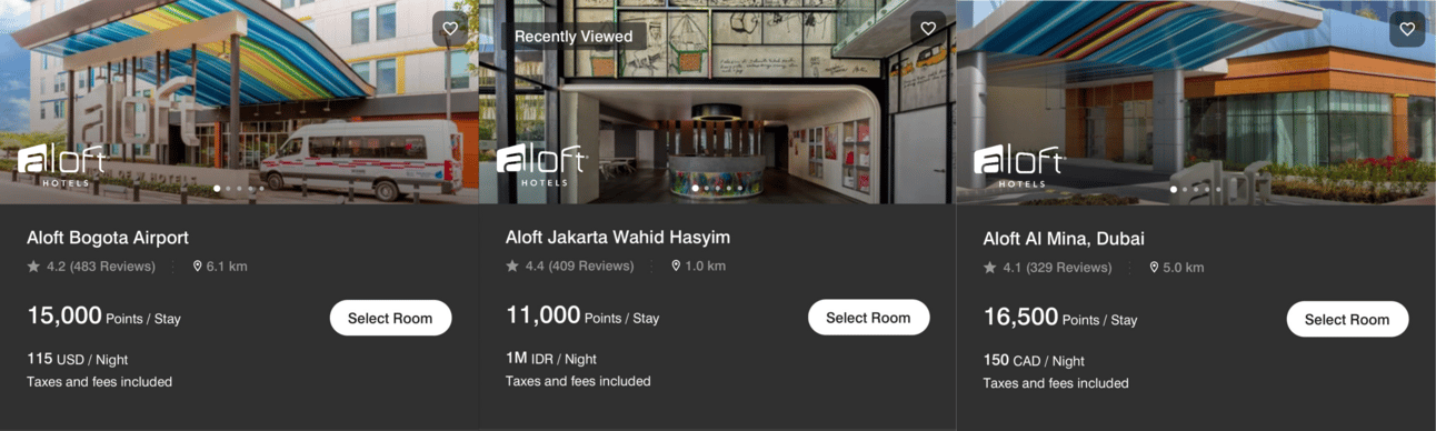 Examples of three different Marriott properties under 17,000 points