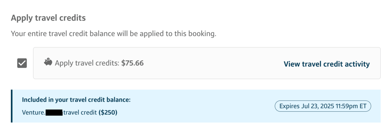 Example of using the new $250 Venture credit