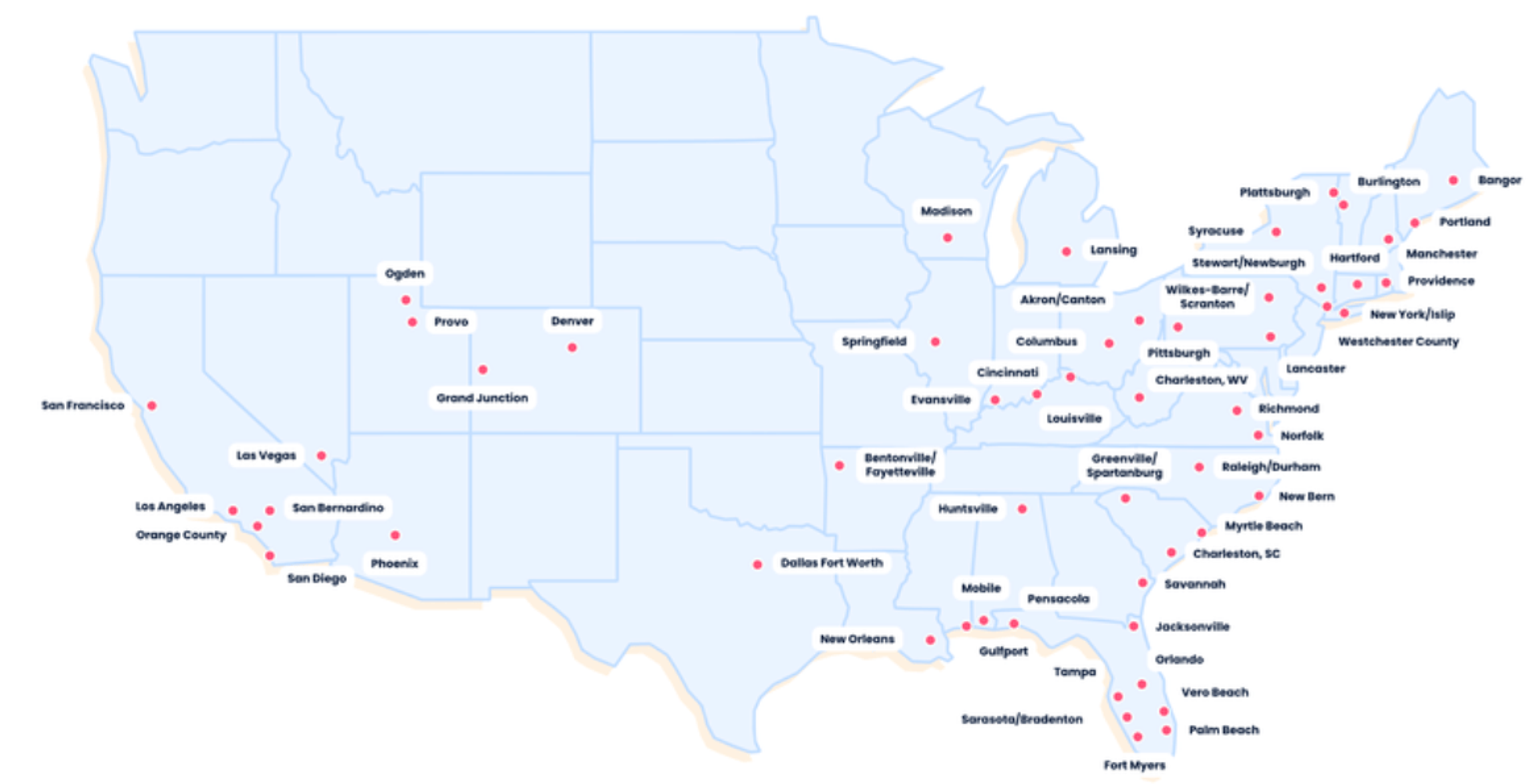 A light blue map of the US that shows locations that Breeze flies to