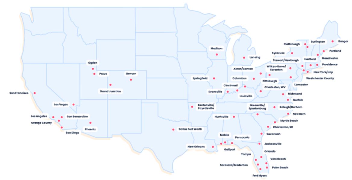 A light blue map of the US that shows locations that Breeze flies to