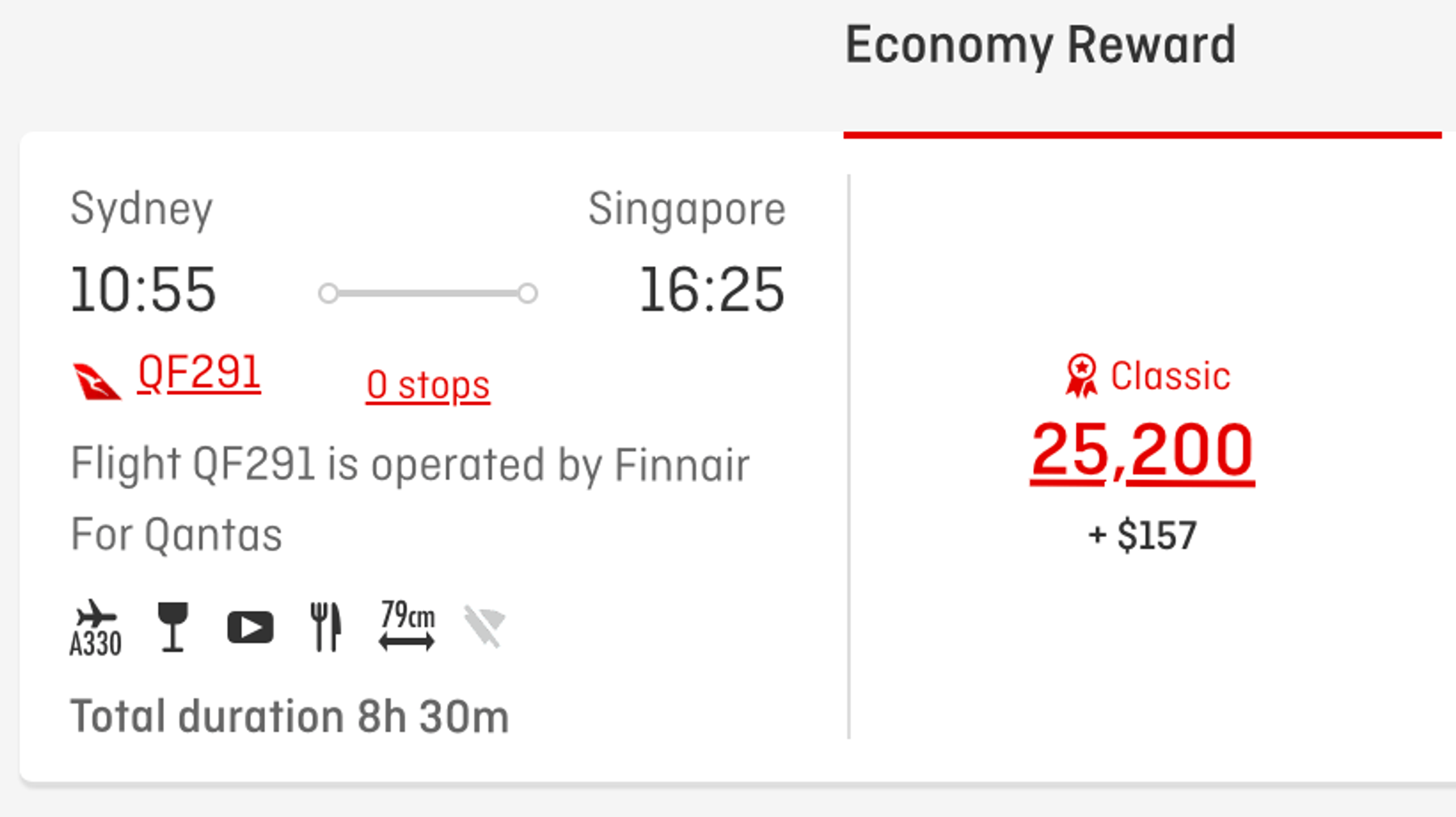 Example booking on Qantas from Sydney to Singapore