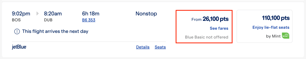 A cheap JetBlue economy flight to Europe for 26k points