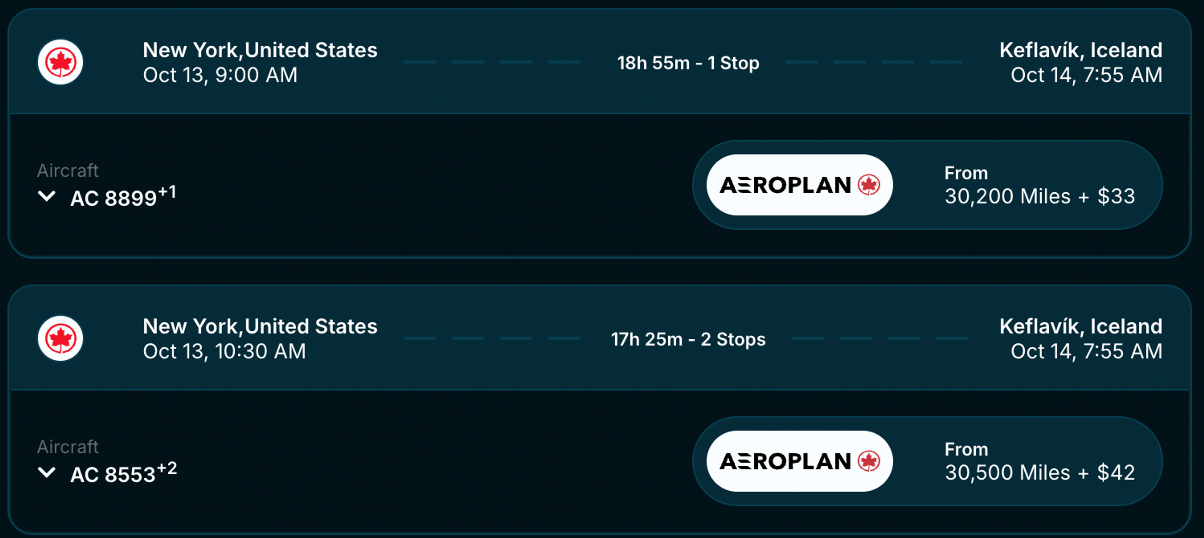 Example of New York (JFK) to Iceland (REF) for just over 30k Aeroplan points
