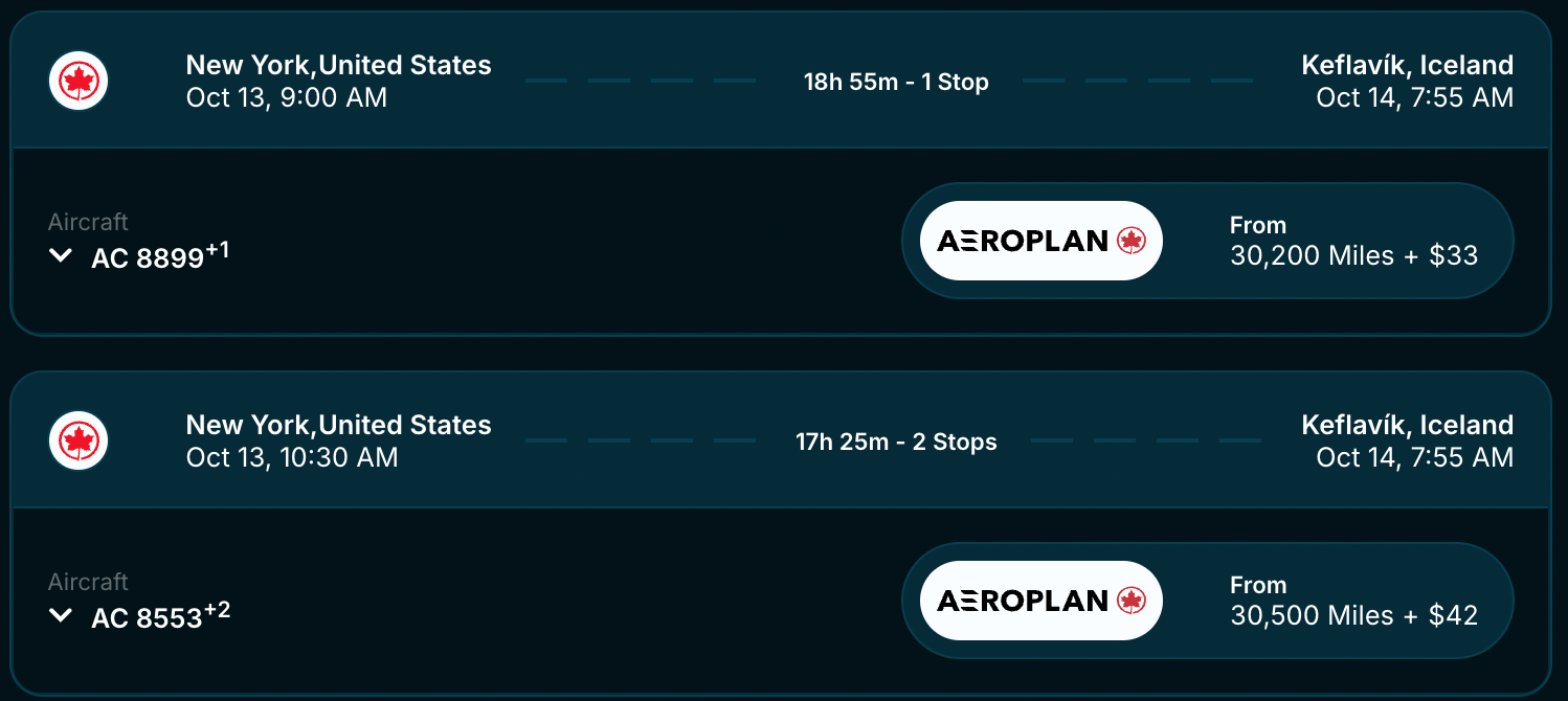 Example of New York (JFK) to Iceland (REF) for just over 30k Aeroplan points