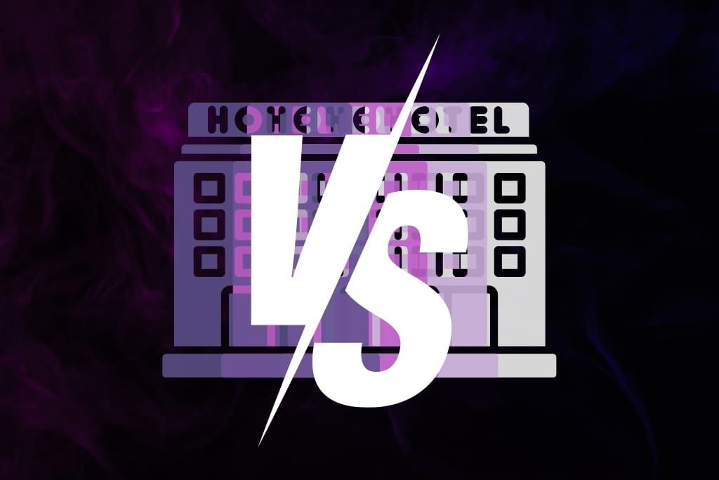 A black background with purple hotel graphics and a large white "VS" symbol