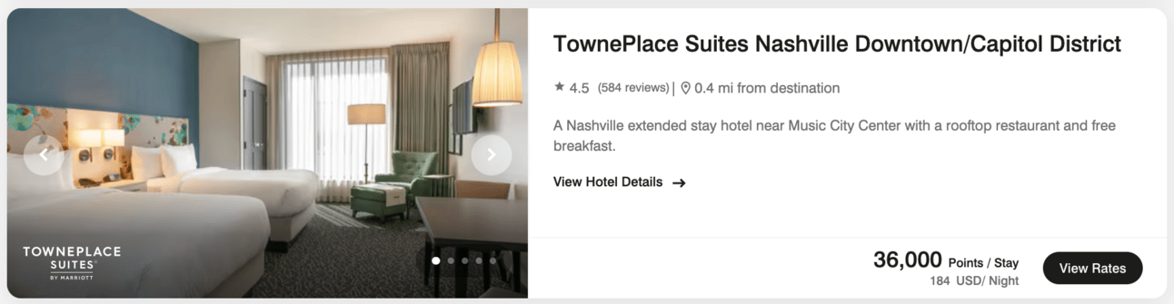 A screenshot showing the price of a hotel in Nashville for 36,000 Marriott points per night