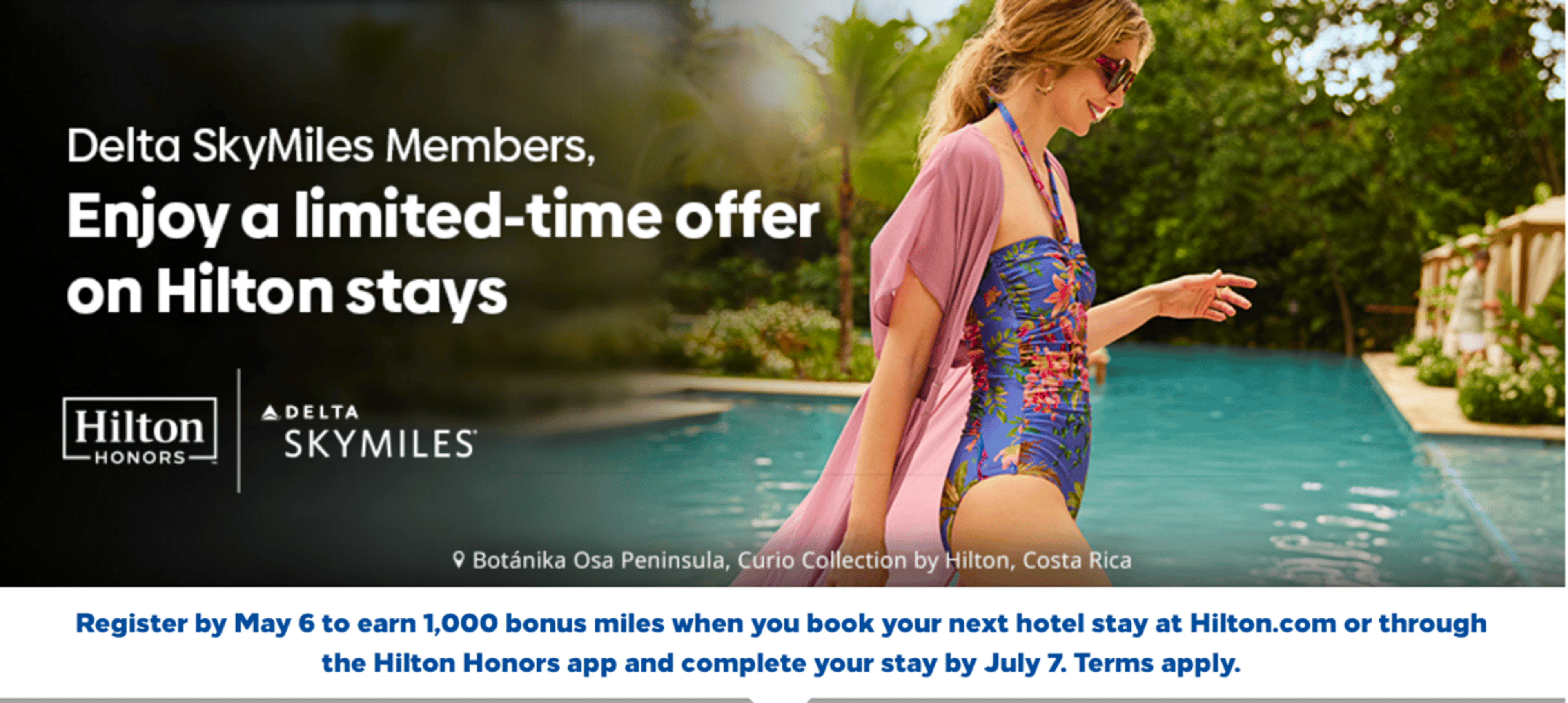 A woman walking in a bathing suit with a pool in the background and text overlay that describes the Delta Hilton promo